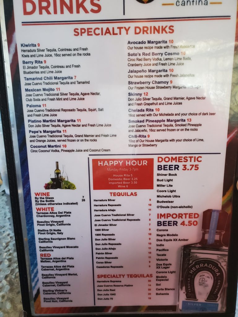 Soto's Cantina Margarita Menu